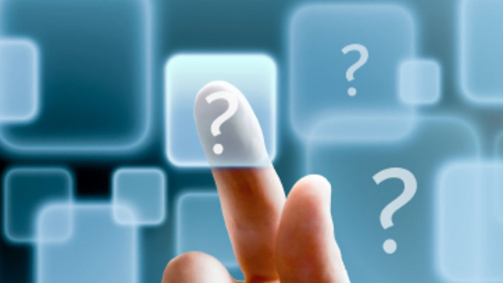 Person pressing an floating digital button with a question mark on it